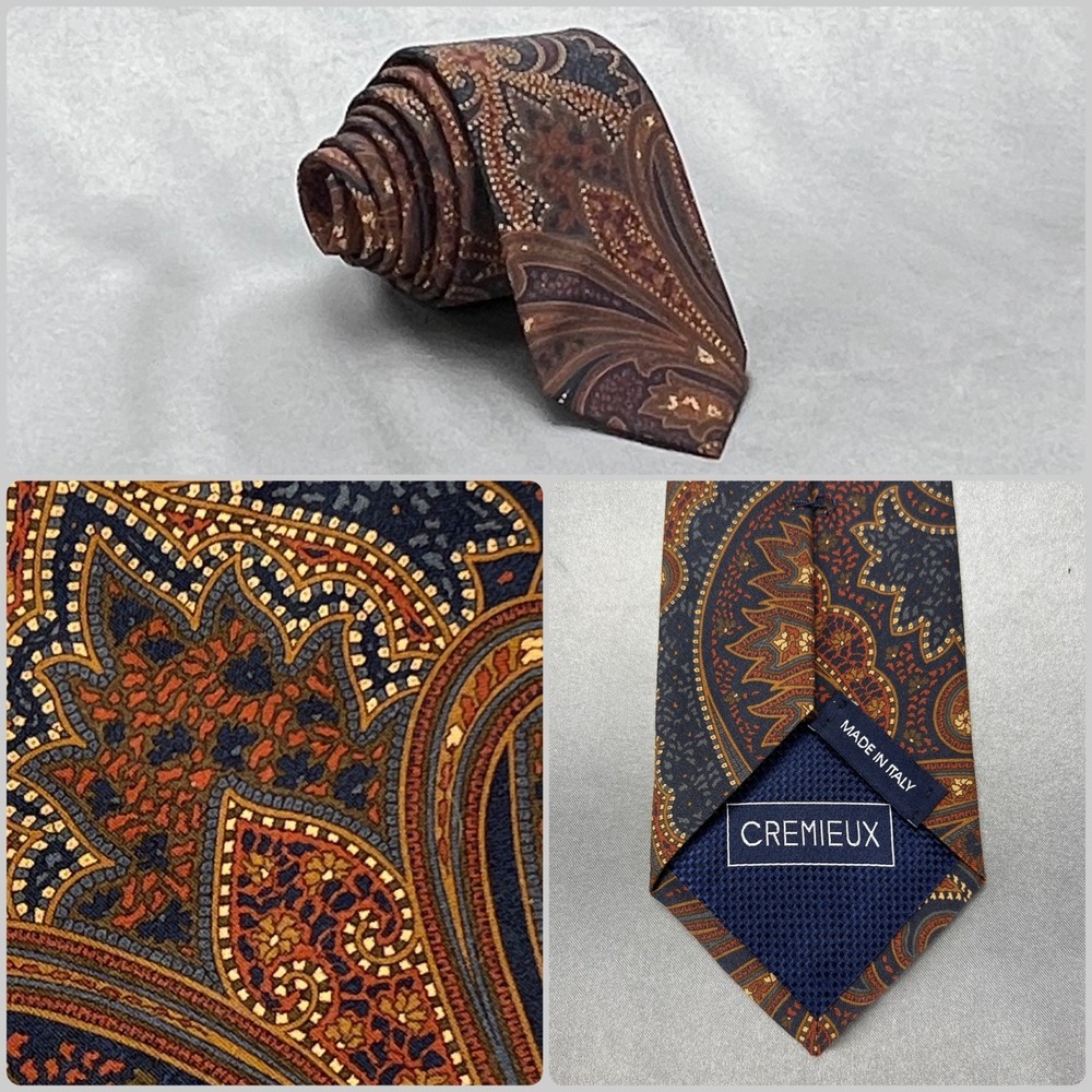 Cremieux Mens Silk Necktie Italian Paisley Navy Rust Orange Vintage Classic Tie